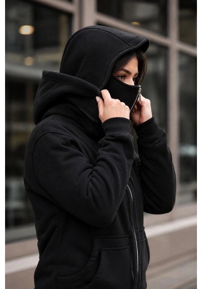 Freedom Store Kadın Maskeli Ninja Model Çift Kapüşonlu 3 İplik Şardonlu Fermuarlı Oversize Sweatshirt - Siyah