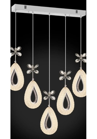 Damla 5 Li Gümüş Yemek Masası Üstü 3 Renk Ledli Kumandalı Modern Sarkıt Led Avize