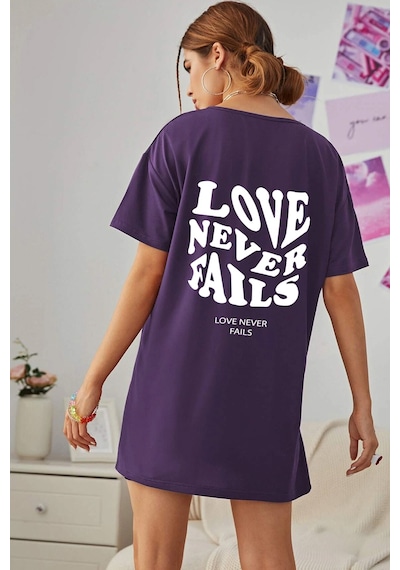 Unisex Love Never Fails Baskılı T-shirt Mor