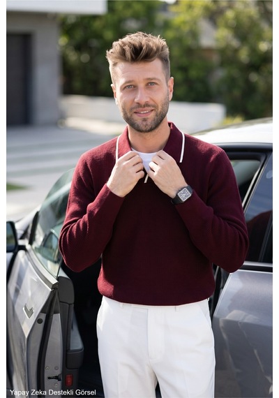 Kamalı Erkek Oversize Selanik Örgü Polo Yaka Triko Kazak Bordo