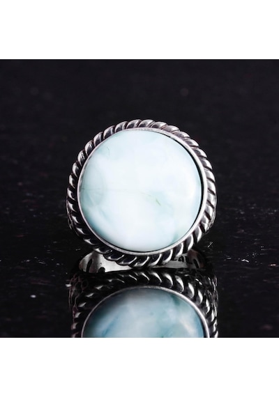 Gerçek Doğal Taş Yüzük - 925 Ayar Katı Gümüş Erkek Yüzüğü Larimar İle Gümüş