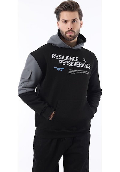 Madmext Siyah Kapüşonlu Cep Detaylı Baskılı Erkek Sweatshirt 7058 Siyah