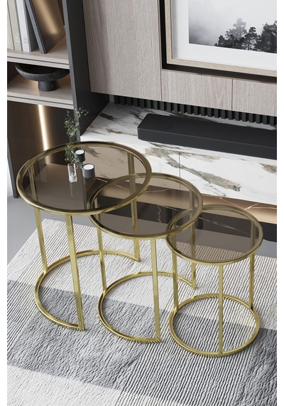 Faymend C Zigon Sehpa Parlak Gold Metal - Şeffaf Bronz Cam Bronz