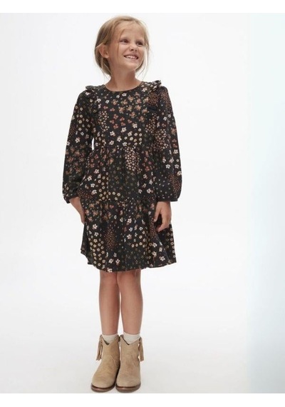 Kız Çocuk Pamuklu Çiçek Desenli Fırfırlı Elbise-14737 Siyah