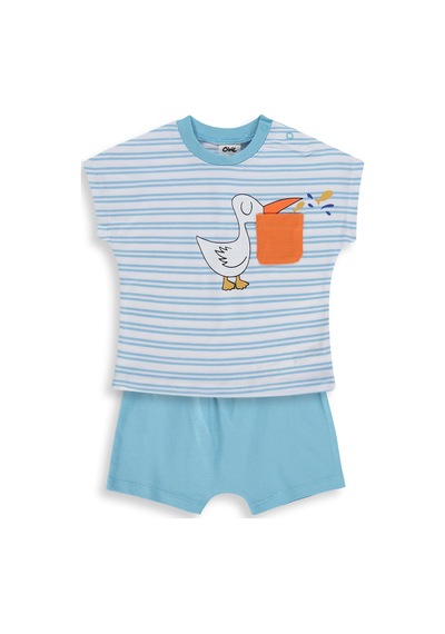 Civil Baby Çizgili Leylek Baskılı 6-18 Ay Takım - Mavi