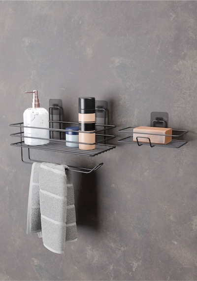 Güçlü Yapışkanlı Banyo Rafı Kağıt Havlu Tutacağı Ve Metal Sabunluk Set Düzenleyici Siyah