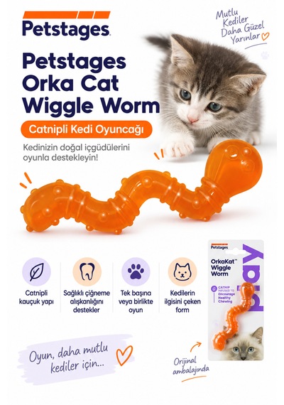 Petstages Orka Cat Wiggle Worm Renkli Solucan Şeklinde Catnipli Kedi Çiğneme Oyuncağı