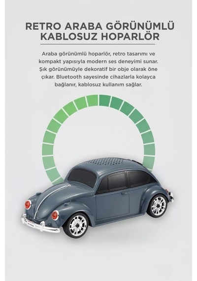 Delux Serisi Bluetooth Hoparlör Retro Araba Voswos D49 Gri Görsel Obje Araç Tasarımlı