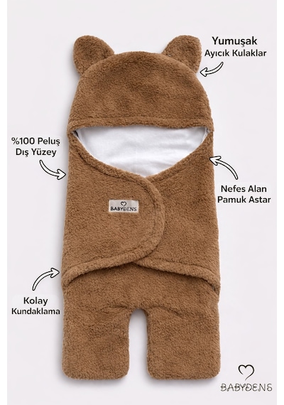 Babyden's 0-12 Ay Welsoft Peluş Bebek Dış Kundak - Uyku Tulumu Ayıcık Kulaklı İçi %100 Pamuk Astarlı Battaniye Kahverengi
