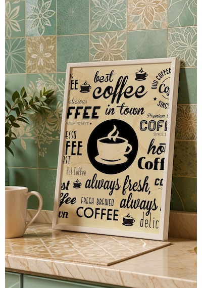 Retro Coffee Tasarım Çerçeveli Tablo - Mutfak Ve Kafe İçin Sanatsal Kahve Duvar Dekoru Beyaz