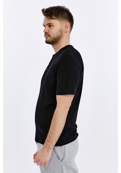 Erkek Henley Yaka %100 Pamuklu Dokulu Kumaştan Kısa Kollu Günlük Basic Tişört SIYAH