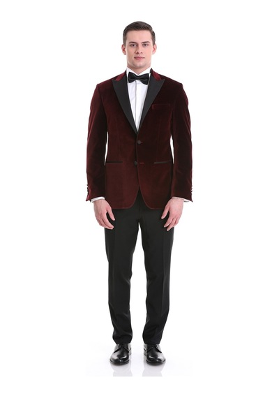 Hatemoğlu Bordo Slim Fit Düz Sivri Yaka Kadife Klasik Smokin Damatlık 3312 Bordo