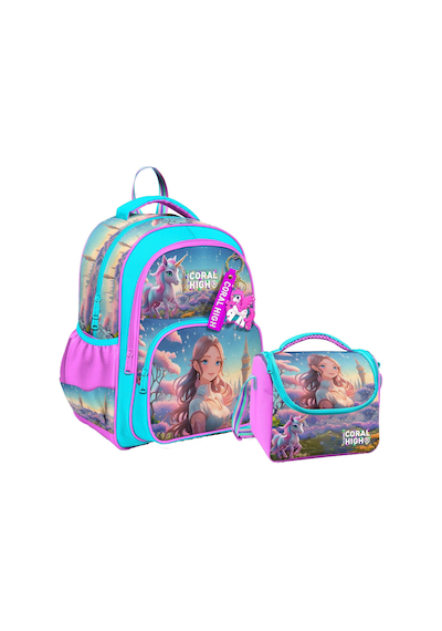 Coral High Kız Çocuklara Özel İlkokul Çantası Ve Beslenme Çantası Takım - Turkuaz Pembe Anime Kız Turkuaz - Pembe