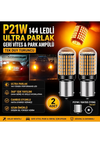 P21w 144 Ledli Ultra Parlak Geri Vites Park Ampül Tek Duy Turuncu 2 Adet