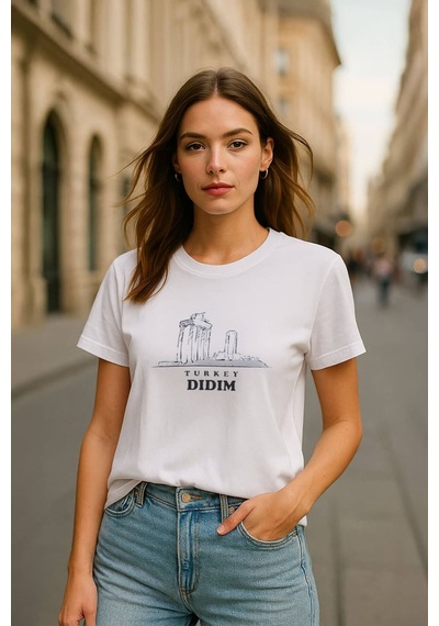 Markapia Woman Kadın Bisiklet Yaka %100 Pamuk Didim Baskılı Kısa Kollu T-shirt Beyaz L