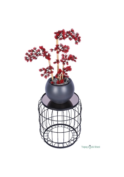 Yapay Çiçek Sitesi Antrasit Küre Saksıda Modern Minimal Tasarım Yapay Bonsai Ağacı Kırmızı 65 Cm