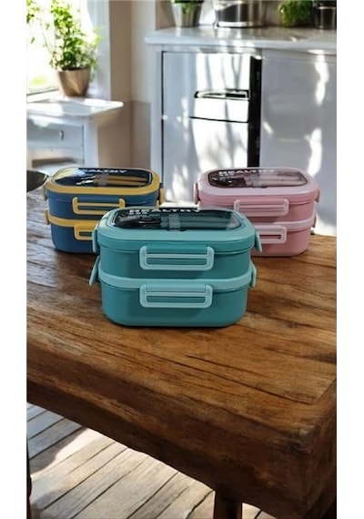 Akayev 1650ml İki Katlı 4 Bölmeli Çelik Yemek Kabı Mavi Beyaz