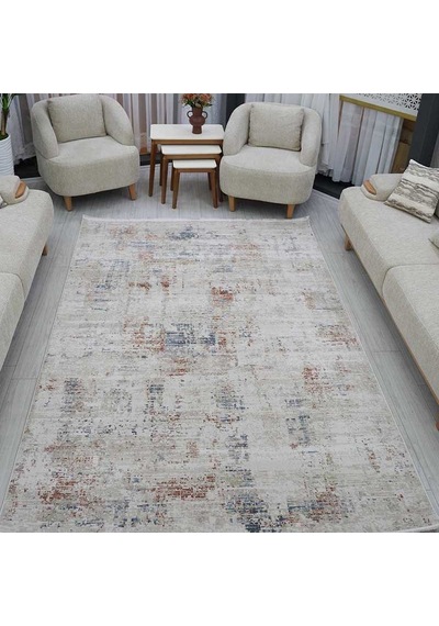 Otantik Modern Eskitme Saçaklı Salon Halısı Krem Antrasit Kiremit 200x290 Cm 1