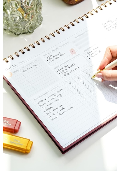 Süresiz Haftalık Masaüstü Planlayıcı 12 Aylık Undated Desk Planner Bordo