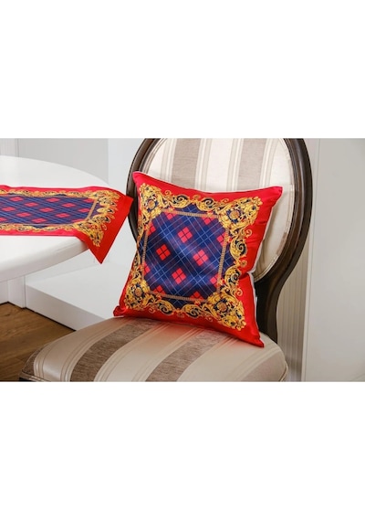 Belize Baskılı Saten Kumaş Kırmızı Siyah Runner Kırlent Set 3 Prç. 135x50 Cm 1378 Kırmızı