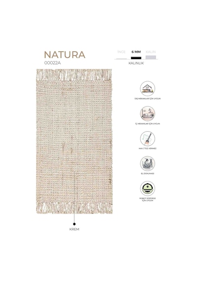Natura El Dokuma Jüt Bohem Tarz Otantik Salon Oturma Odası Koridor Yatak Odası Krem Halı 00022a Krem
