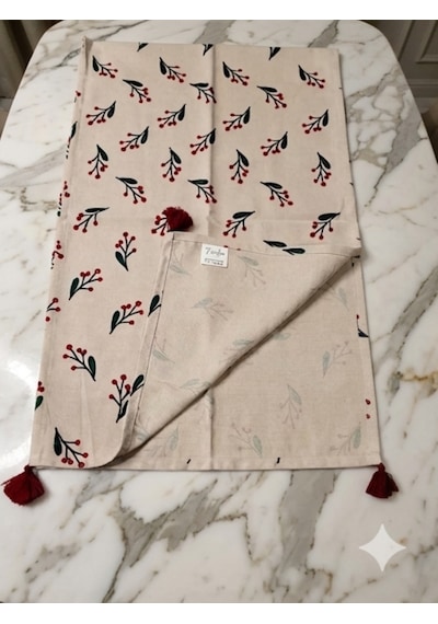 Faralya Life Çiçekli Püsküllü Pamuklu Runner - Kokina Desenli Masa Örtüsü 45x140 Cm Pembe Çiçekleri