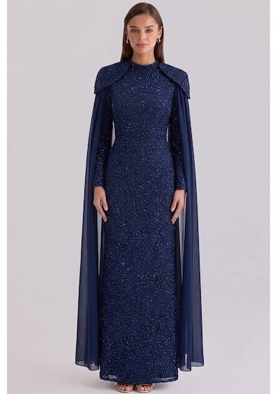 Olcay Pelerin Detaylı Kordone Dantel Exclusive Büyük Beden Tesettür Abiye Elbise Lacivert 1096 Olcay Pelerin Detaylı Kordone Dantel Exclusive Büyük Beden Tesettür Abiye Elbise Lacivert 1096