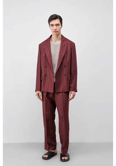 Antioch Keten Karışımlı Çizgili Erkek Blazer Ceket Bordo