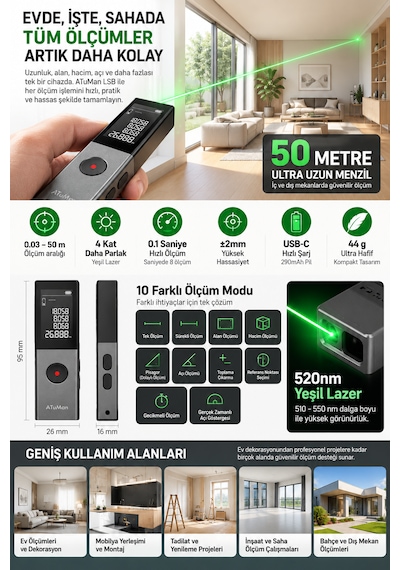 Atuman Ls-b 50 Metre Yeşil Lazer Metre Gün Işığına Uygun Şarjlı Dijital Mesafe Alan Hacim Ve Açı Ölçer Lazermetre