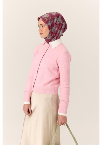 Silk Home İnce Pamuk Soft Eşarp Pastel Pembe-gri Desenli Kaymaz Dokulu Tok Duruşlu 90x90 Çok Renkli
