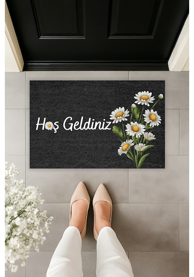 Rugmood Modern Dijital Baskı Papatya Çiçek Desenli Kapı Önü Paspası 70x45 Siyah