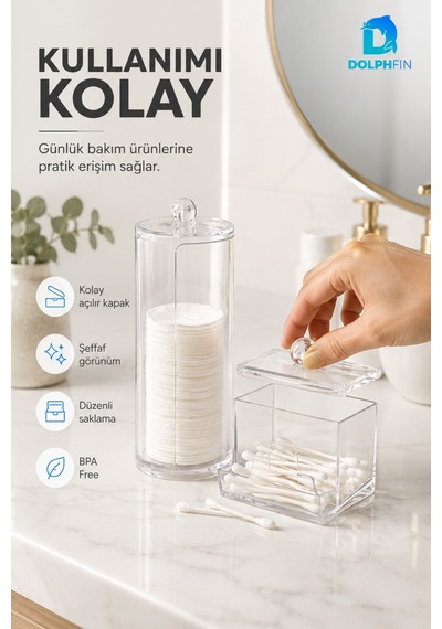 2 Li Şeffaf Makyaj Organizer Seti Pamuk Ve Kulak Çubuğu Saklama Kutus