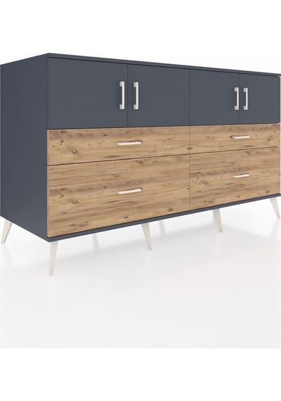 Kronos Konsol 2 Raflı 4 Çekmeceli 4 Kapaklı 176x59x99 Antrasit-an Antrasit-antrasit/çam