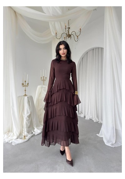 Nils Butik Katlı Şifon Detaylı Uzun Abiye Elbise Kahverengi