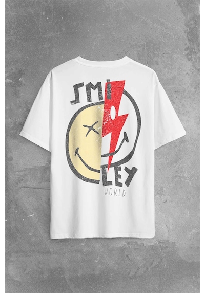 Smile World Urban Street Culture Gülen Surat Sırt Ön Baskılı Oversize Tişört Unisex T-shirt 001