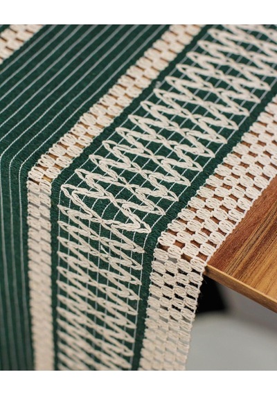 Tropik Home Pamuk Dantel Püsküllü Yeşil Runner, Sunum Örtüsü Dantel Bej 35x145 Cm Runner Masa Örtüsü Genel