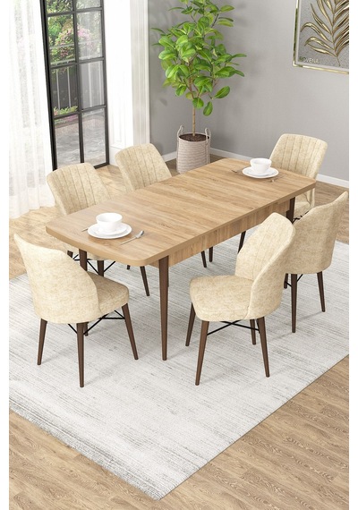 Arel Meşe 80x132 Açılabilir Mdf Masa Yemek Odası Takımı, Mutfak Takımı 6 Adet Sandalye Meşe Masa - 6 Krem - Meşe Ayak Arel Meşe 80x132 Açılabilir Mdf Masa Yemek Odası Takımı, Mutfak Takımı 6 Adet Sandalye Meşe Masa - 6 Krem - Meşe Ayak