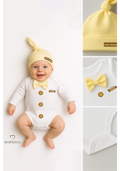Babyden's Mini Boss Papyonlu Erkek Bebek Body Seti Şapkalı Yenidoğan Bebek Body-zıbın Takım Sarı