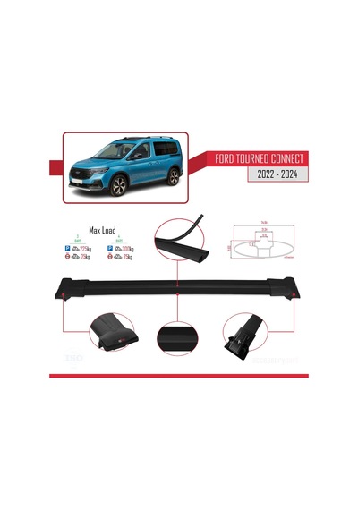 Ford Turneo Connect 2022 Ve Sonrası İle Uyumlu Fly Model Ara Atkı Tavan Barı Siyah 3 Adet Bar