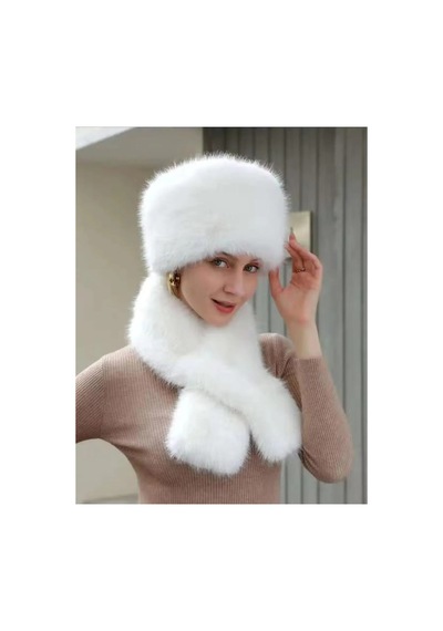Emybox Son Trend Kışlık Eskimo Rus Slav Tarzı Suni Kürk Peluş Kalpak Atkı Takım Tüylenmez Beyaz