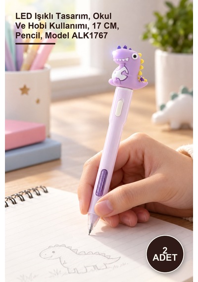 2 Adet Dinozor Tasarımlı Ledli Kurşun Kalem Led Işıklı Tasarım, Okul Ve Hobi Kullanımı, 17 Cm, Pencil, Model Alk1767 Sarı