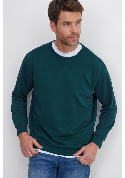Tudors Unisex Relax Fit Rahat Kesim %100 Pamuk Basic Yeşil Bisiklet Yaka Sweatshirt-35147 Yeşil
