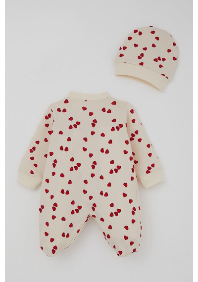 Breeze Kız Bebek Patikli Tulum Sevgi Temalı Kalp Desenli 0-6 Ay, Krem Krem