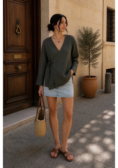 Bbbutikbasic Bağlamalı Müslin Kimono Ceket My3535 Haki