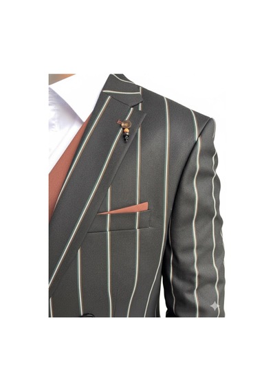 Erkek Çizgili Takım Elbise 3 Lü Set Ceket + Yelek + Pantolon Slim Fit İtalyan Tarz Siyah
