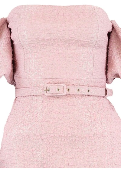 Ersefa Moda Fit Mezuniyet Balo Jakar Dokuma Carmen Yaka Kısa Kol Bodycon Pembe