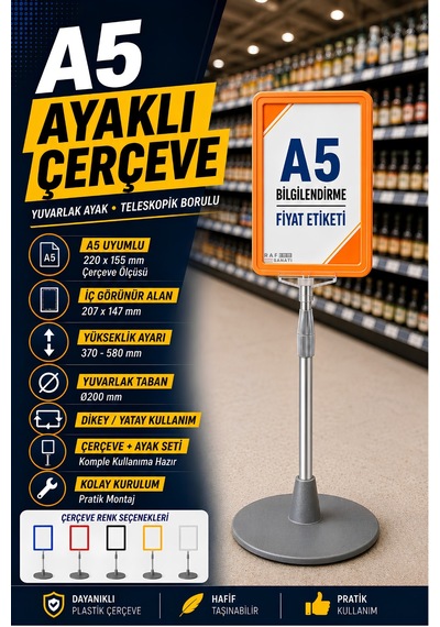 A5 Ayaklı Menü Ve Fiyat Bilgi Standı Yuvarlak Tabanlı Teleskopik Çerçeve Etiketlik Turuncu