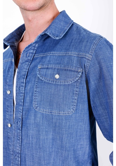 Erkek Açık Mavi Likralı Denim Regular Kalıp Düğmeli Kot Gömlek John-3020 Açik Mavi