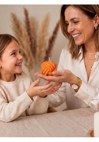 Mumelia Örgü Sıcaklığı - Doğal Soya Dekoratif Blok Mum - Küçük Boy - Turuncu - 2'li