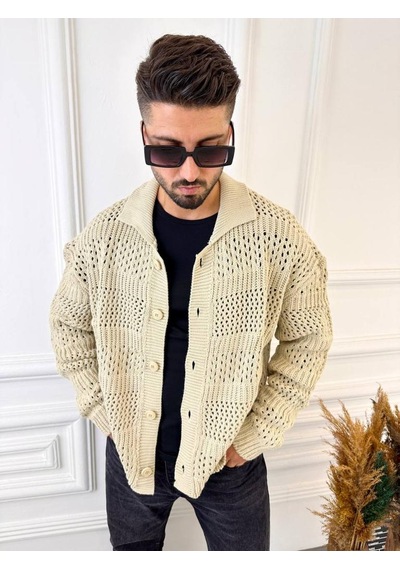 Elku Moda Hırka Oversize Özel Örgülü Triko Desenli Salaş Örgü Hırka Krem